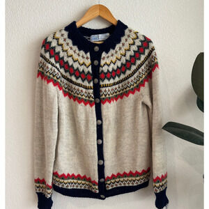 VTG Siril Hand Knitted Sweater Shop Faire Isle Nordic Cardigan Large? 100% Wool